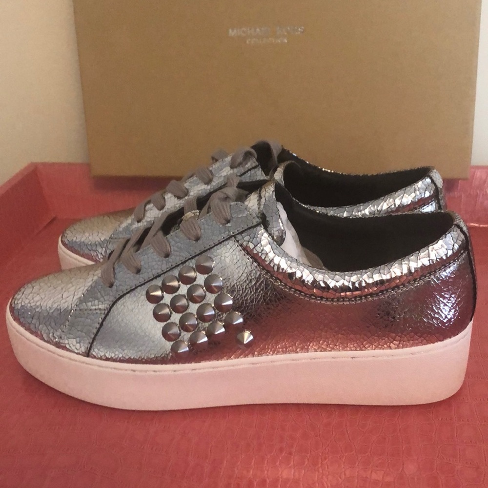 Michael Kors Platform Sneakers Silver Metallic Studded Crackle - NEW IN BOX
